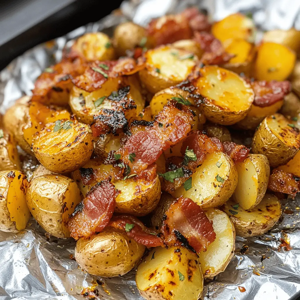 Satisfy your cravings with these Cheddar Bacon BBQ Grilled Potatoes! Perfectly crispy on the outside and tender on the inside, these potatoes are loaded with smoky BBQ flavor, crispy bacon, and melty cheddar cheese. Ideal for summer cookouts or family gatherings, save this recipe for your next barbecue! Your friends and family will love them!