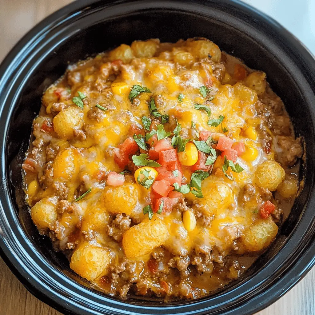 Warm up your dinner routine with this Crockpot Tex Mex Tater Tot Casserole! Loaded with hearty ground beef, zesty taco seasoning, and topped with crispy tater tots, this dish is a family favorite. Perfect for busy weeknights or game day gatherings, it's an easy one-pot meal everyone will love. Save this recipe for a fun and comforting dinner that gets rave reviews!