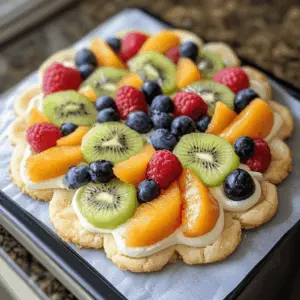 Add a burst of color and flavor to your dessert table with these delightful Fruit Pizza Cookies! Soft sugar cookies topped with a creamy frosting and an array of fresh fruits make for a perfect sweet treat. Ideal for parties, picnics, or just a fun family dessert night. Save this recipe for an eye-catching dessert that's sure to impress!