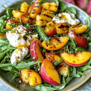 Brighten your summer meals with this Grilled Peach and Burrata Salad! The sweet, smoky grilled peaches pair perfectly with creamy burrata, fresh greens, and a drizzle of balsamic glaze. This salad is not just a feast for the eyes; it’s a delightful mix of flavors you'll love. Save this recipe for your next barbecue or picnic!