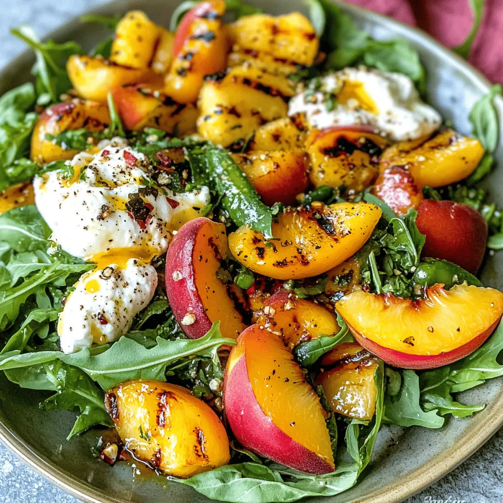 Brighten your summer meals with this Grilled Peach and Burrata Salad! The sweet, smoky grilled peaches pair perfectly with creamy burrata, fresh greens, and a drizzle of balsamic glaze. This salad is not just a feast for the eyes; it’s a delightful mix of flavors you'll love. Save this recipe for your next barbecue or picnic!