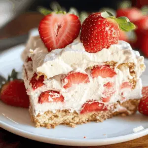 Beat the heat with this refreshing Strawberry Icebox Cake! This no-bake dessert layers fresh strawberries, creamy whipped topping, and graham crackers for an easy and delightful treat. Perfect for sunny days or special occasions, it's a crowd-pleaser that will keep you cool. Save this recipe to make it for your next gathering or summer picnic!