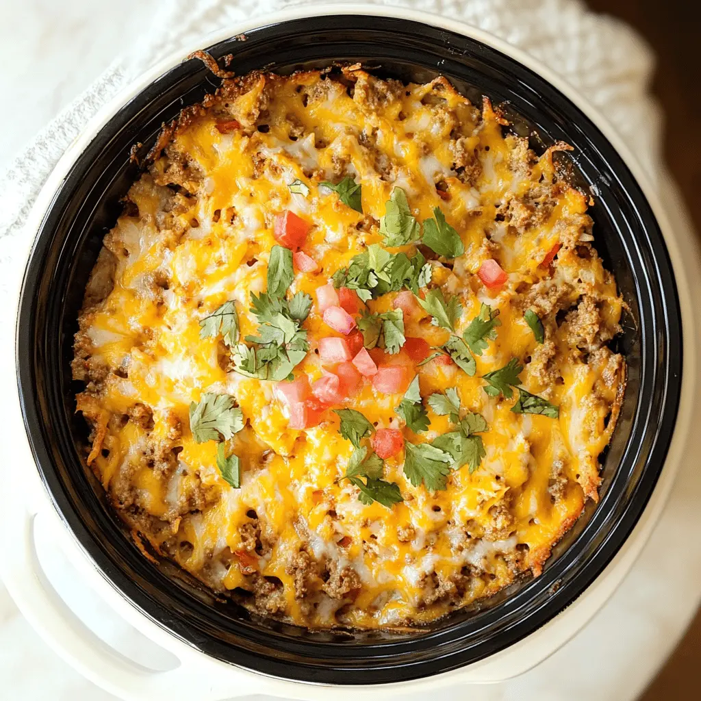 This Taco Crock Pot Hashbrown Casserole is a flavor-packed dish that combines crispy hashbrowns with zesty taco seasoning, cheese, and your favorite toppings. Perfect for meal prepping or a cozy family dinner. Save this recipe for an easy, hearty meal any night of the week or for your next potluck! Enjoy every delicious bite!