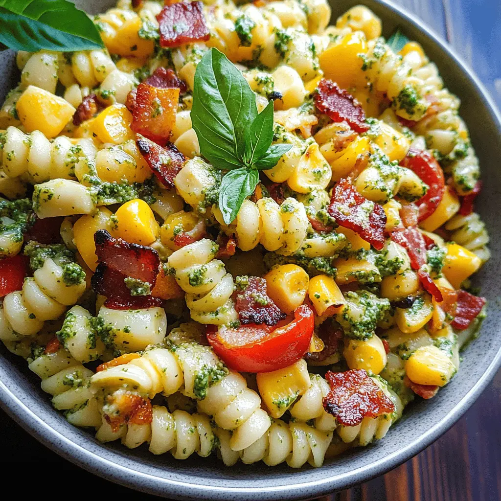 Easy Corn Pasta Salad with Bacon and Creamy Pesto
