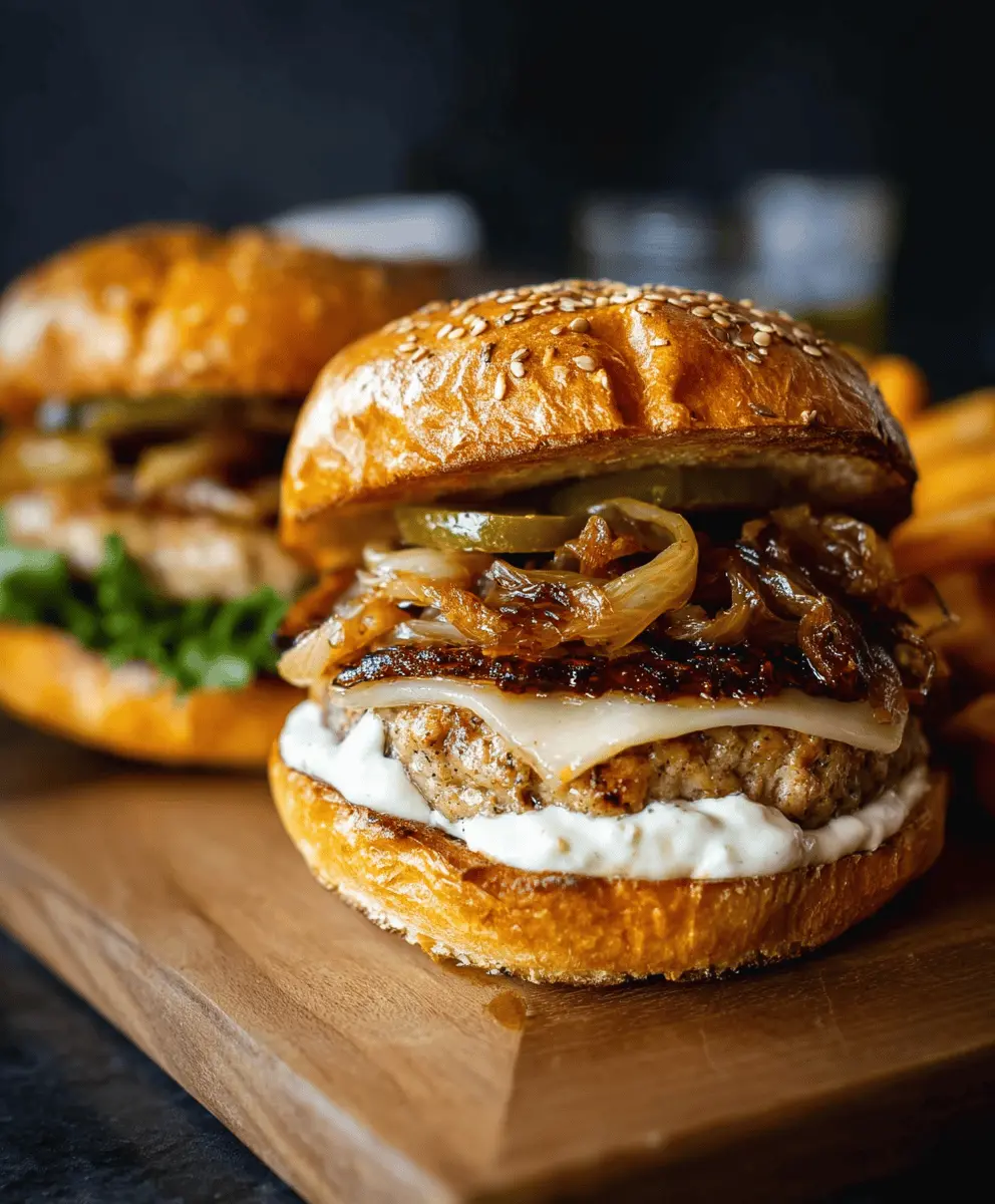 Juicy Turkey Burgers with Sweet Caramelized Onions and Creamy Aioli