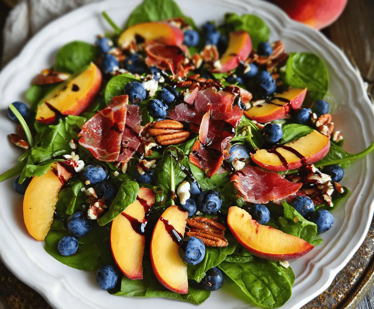 Fresh Peach Blueberry Spinach Salad with Pecans and Prosciutto