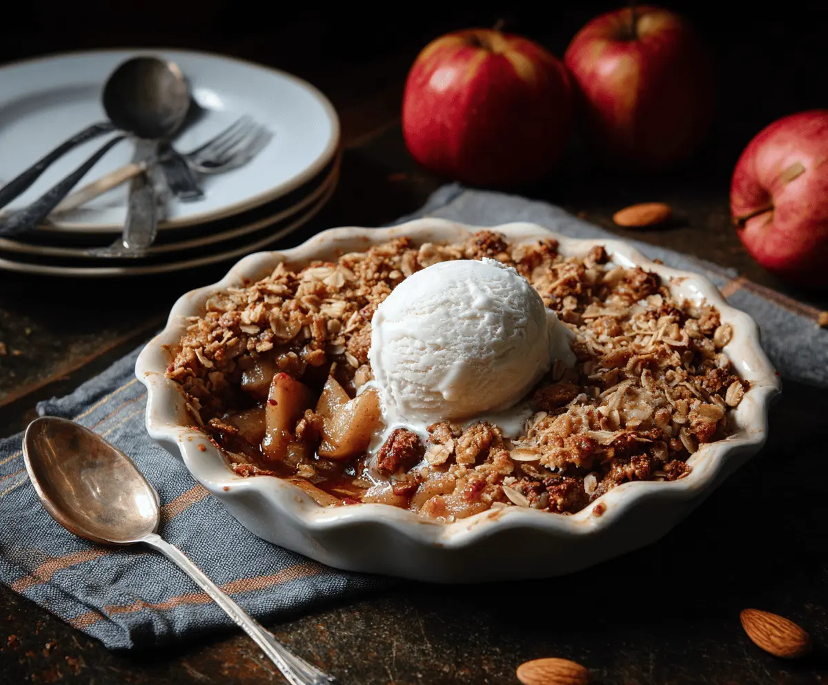 Delicious homemade almond apple crisp topped with toasted almonds and golden brown crust, served in a rustic bowl, perfect for dessert or cozy fall treats.