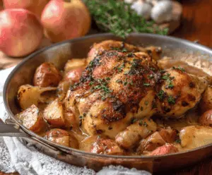 Delicious homemade Apple Cider Chicken recipe featuring tender chicken breasts cooked in flavorful apple cider sauce, garnished with fresh herbs and served with seasonal vegetables.