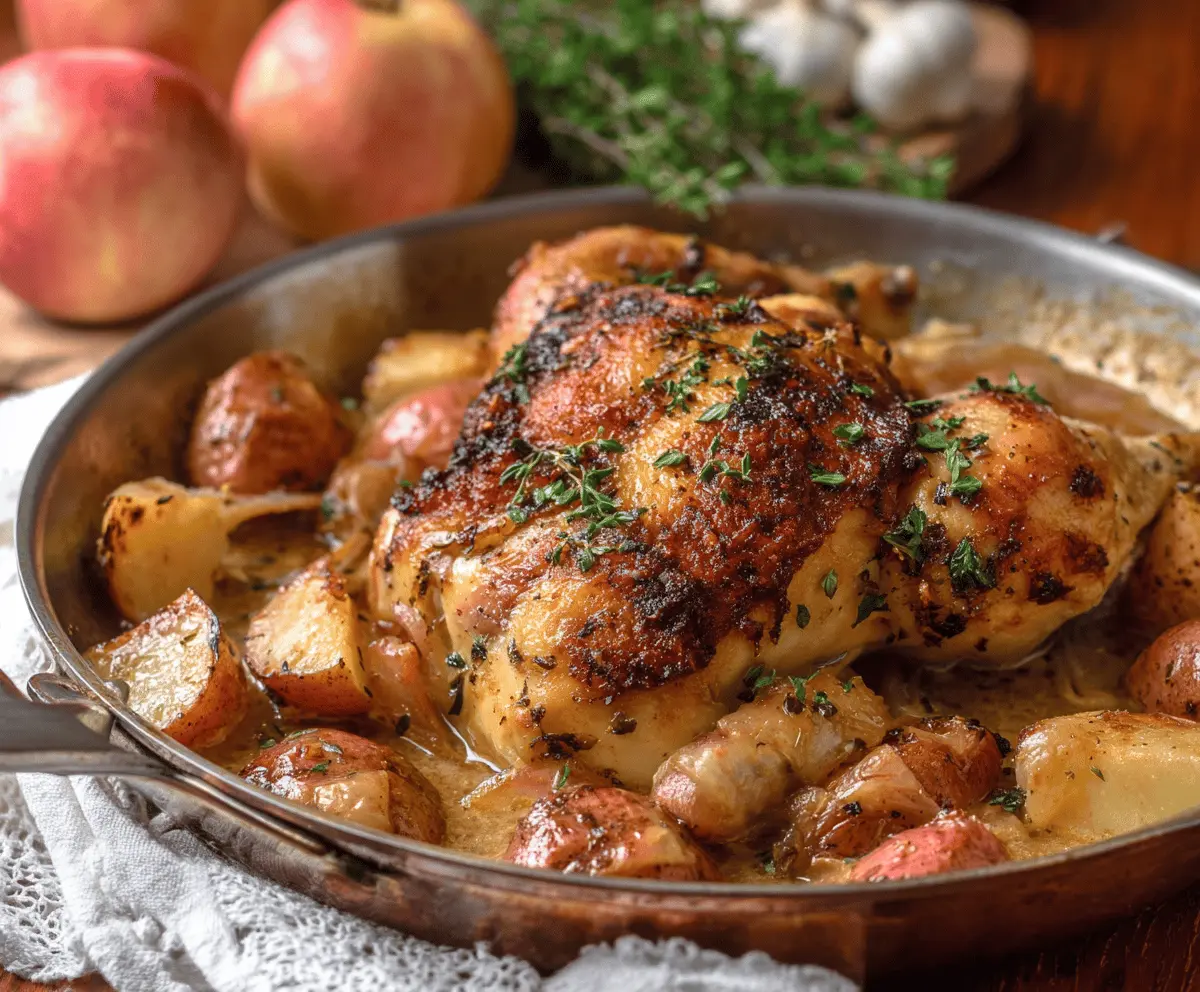 Delicious homemade Apple Cider Chicken recipe featuring tender chicken breasts cooked in flavorful apple cider sauce, garnished with fresh herbs and served with seasonal vegetables.