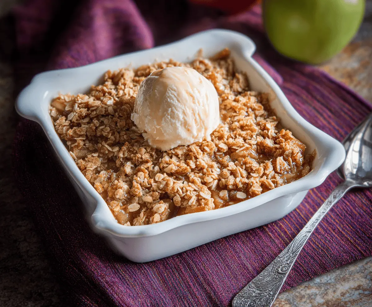 Delicious Apple Cider Glazed Apple Crisp topped with golden brown oats and cinnamon for a warm, comforting dessert
