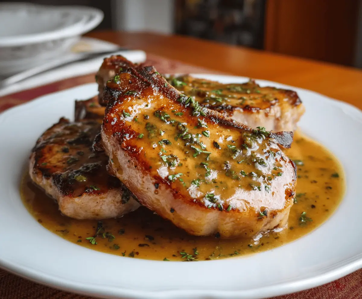 Juicy pork chops cooked with apple cider and herbs, served on a plate with fresh green vegetables for a delicious Apple Cider Pork Chops recipe.