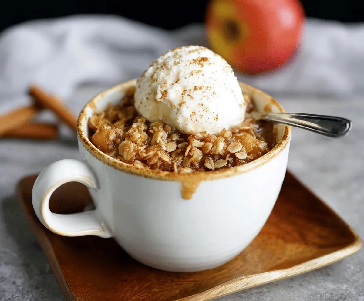 Delicious warm apple crisp served in a mug with cinnamon and whipped cream topping, perfect for a quick dessert or snack.