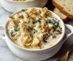 Creamy Cheesy Alfredo Lasagna Soup with melted cheese, pasta, and fresh herbs in a bowl