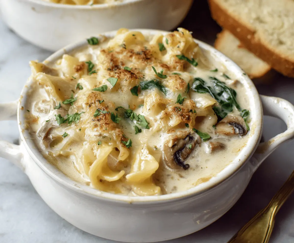 Creamy Cheesy Alfredo Lasagna Soup with melted cheese, pasta, and fresh herbs in a bowl