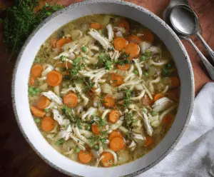 A bowl of comforting chicken noodle soup with tender chicken, colorful vegetables, and curly noodles served hot in a white ceramic bowl.