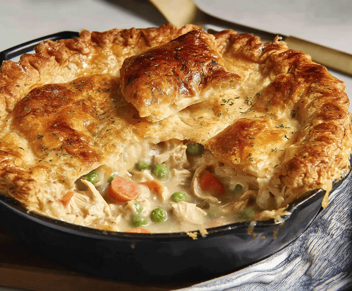 Delicious homemade chicken pot pie topped with golden, flaky crust and filled with tender chicken, vegetables, and creamy gravy.
