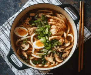 A steaming bowl of Chicken Udon Noodle Soup topped with sliced chicken, green onions, and soft-boiled eggs, served in a white ceramic bowl with chopsticks on a wooden table.