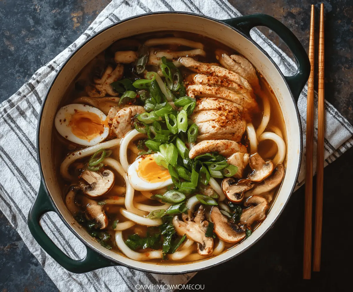A steaming bowl of Chicken Udon Noodle Soup topped with sliced chicken, green onions, and soft-boiled eggs, served in a white ceramic bowl with chopsticks on a wooden table.