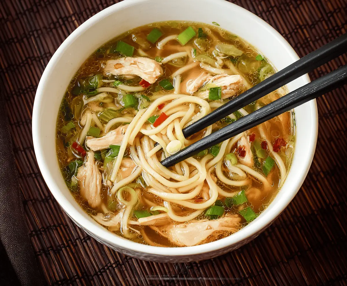 A steaming bowl of Chinese Chicken Noodle Soup with sliced chicken, rice noodles, fresh vegetables, and herbs garnished with green onions, served in a traditional bowl.