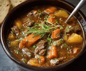 Hearty and delicious Crockpot Beef Stew with tender beef chunks, vegetables, and savory broth in a rustic bowl