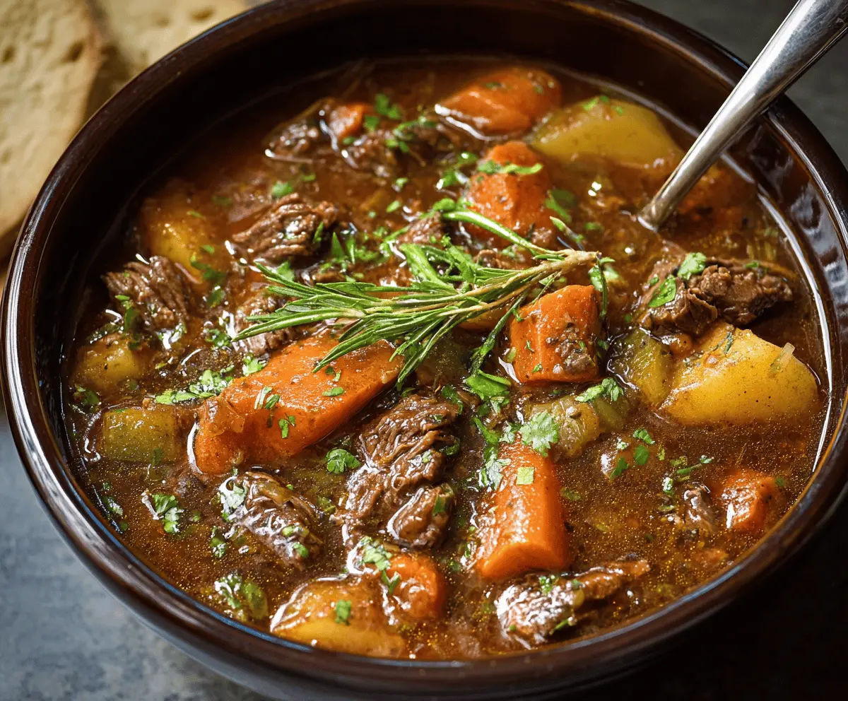Hearty and delicious Crockpot Beef Stew with tender beef chunks, vegetables, and savory broth in a rustic bowl