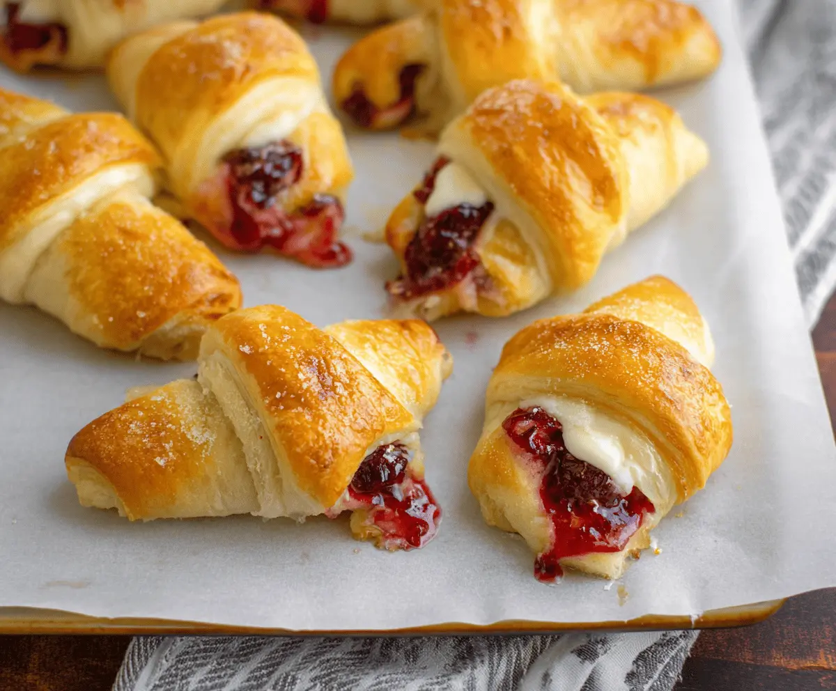Delicious cranberry cream cheese crescent rolls with a golden crust and vibrant red cranberry filling on a serving plate