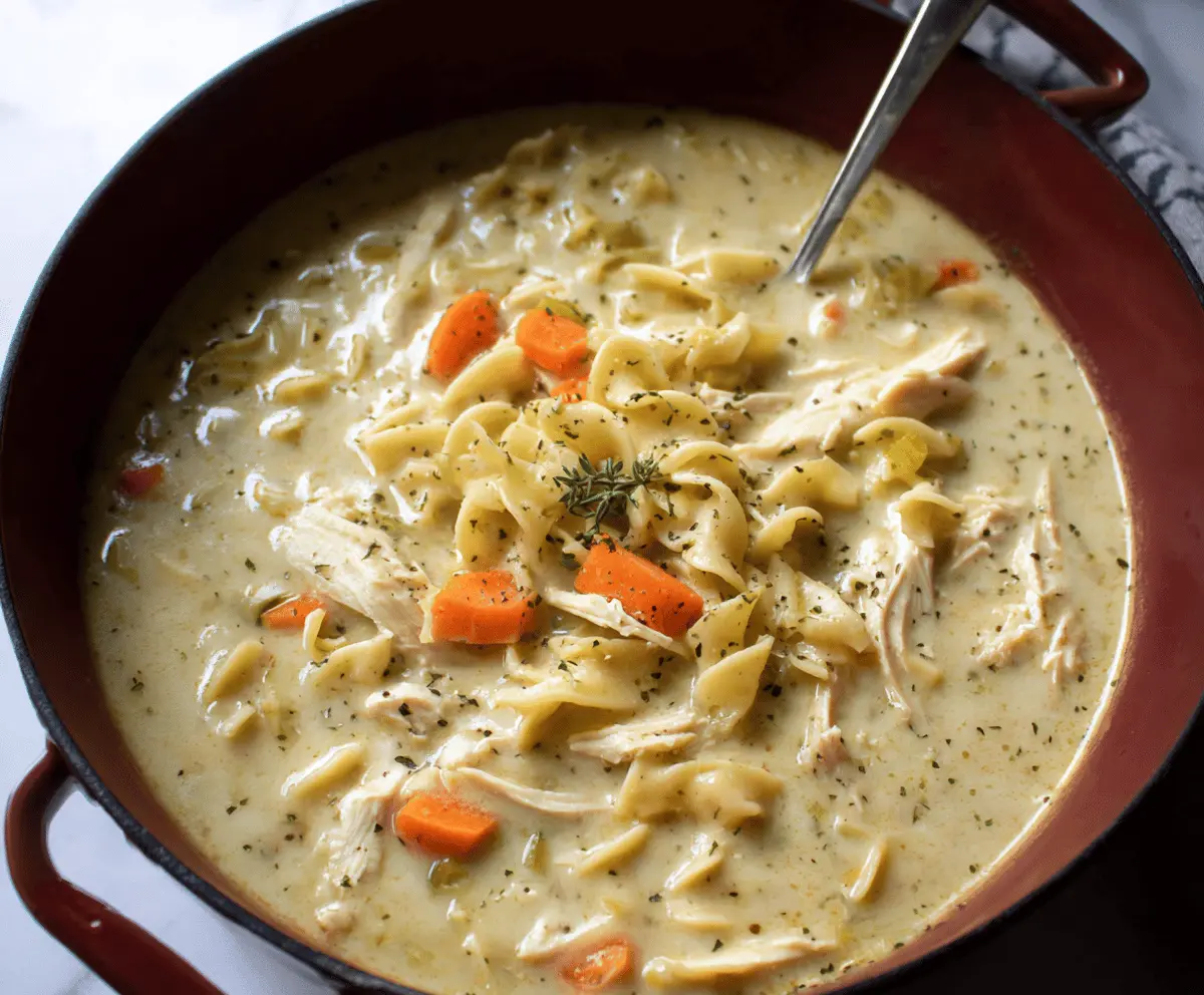 A bowl of creamy chicken noodle soup garnished with fresh herbs and vegetables, featuring tender chicken, noodles, and a rich, velvety broth.