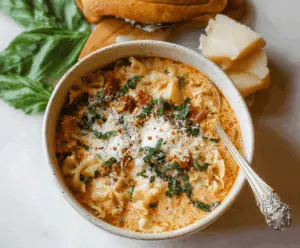 Creamy Lasagna Soup in a bowl topped with melted cheese, fresh basil, and hearty meat sauce, served with garlic bread on the side.