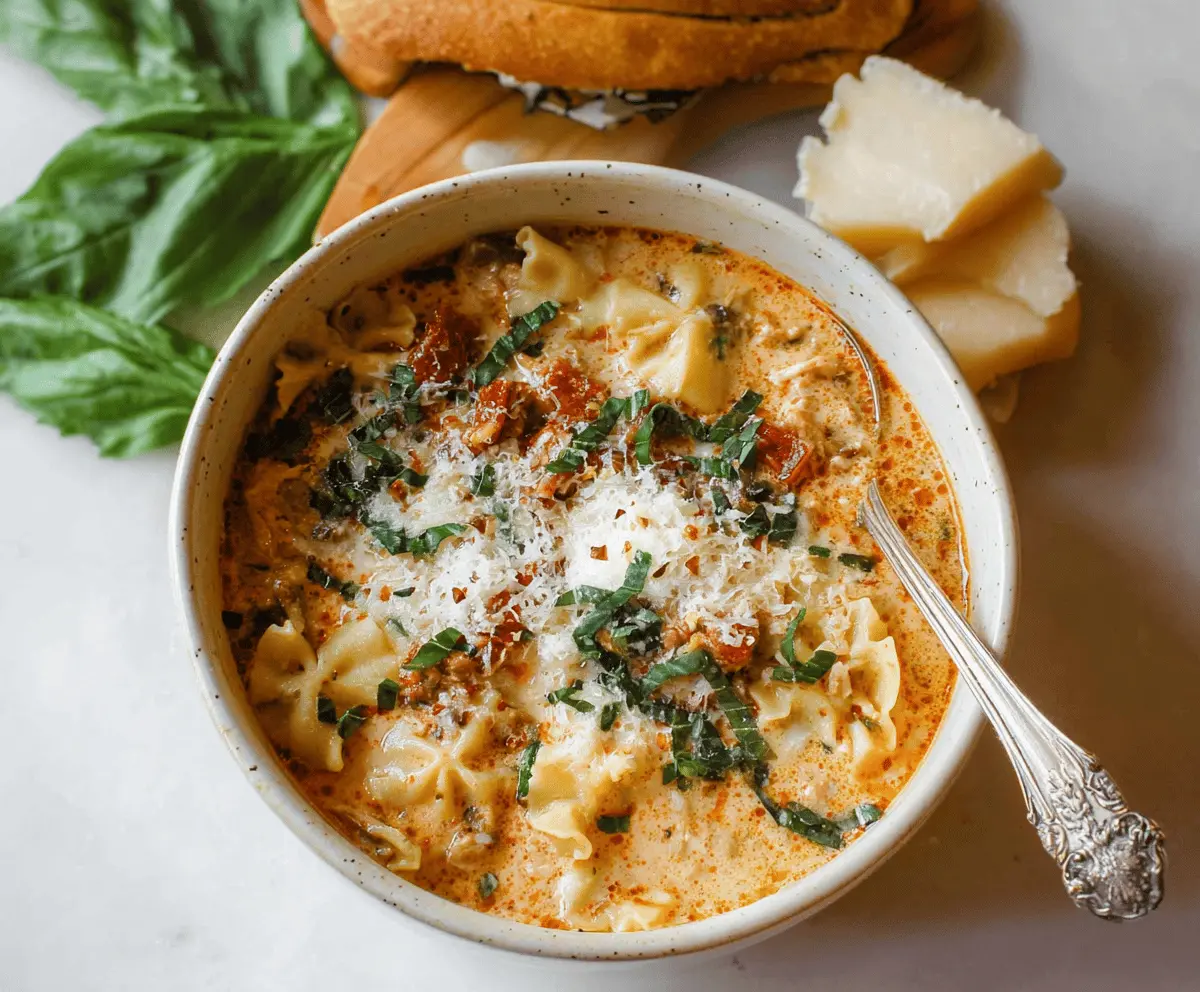Creamy Lasagna Soup in a bowl topped with melted cheese, fresh basil, and hearty meat sauce, served with garlic bread on the side.