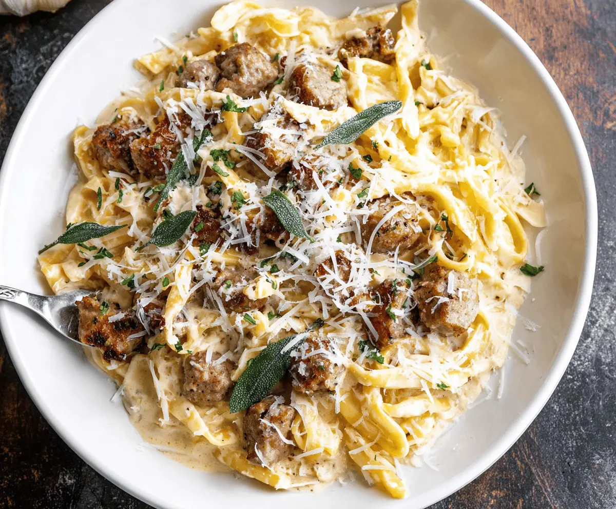 Creamy sausage Alfredo pasta dish with rich sauce, melted cheese, and savory sausage slices garnished with herbs, perfect for a hearty meal.