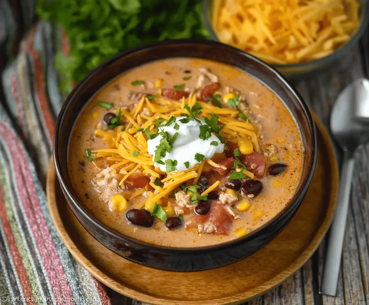 Creamy Taco Soup with ground beef, fresh vegetables, shredded cheese, and garnished with cilantro in a bowl