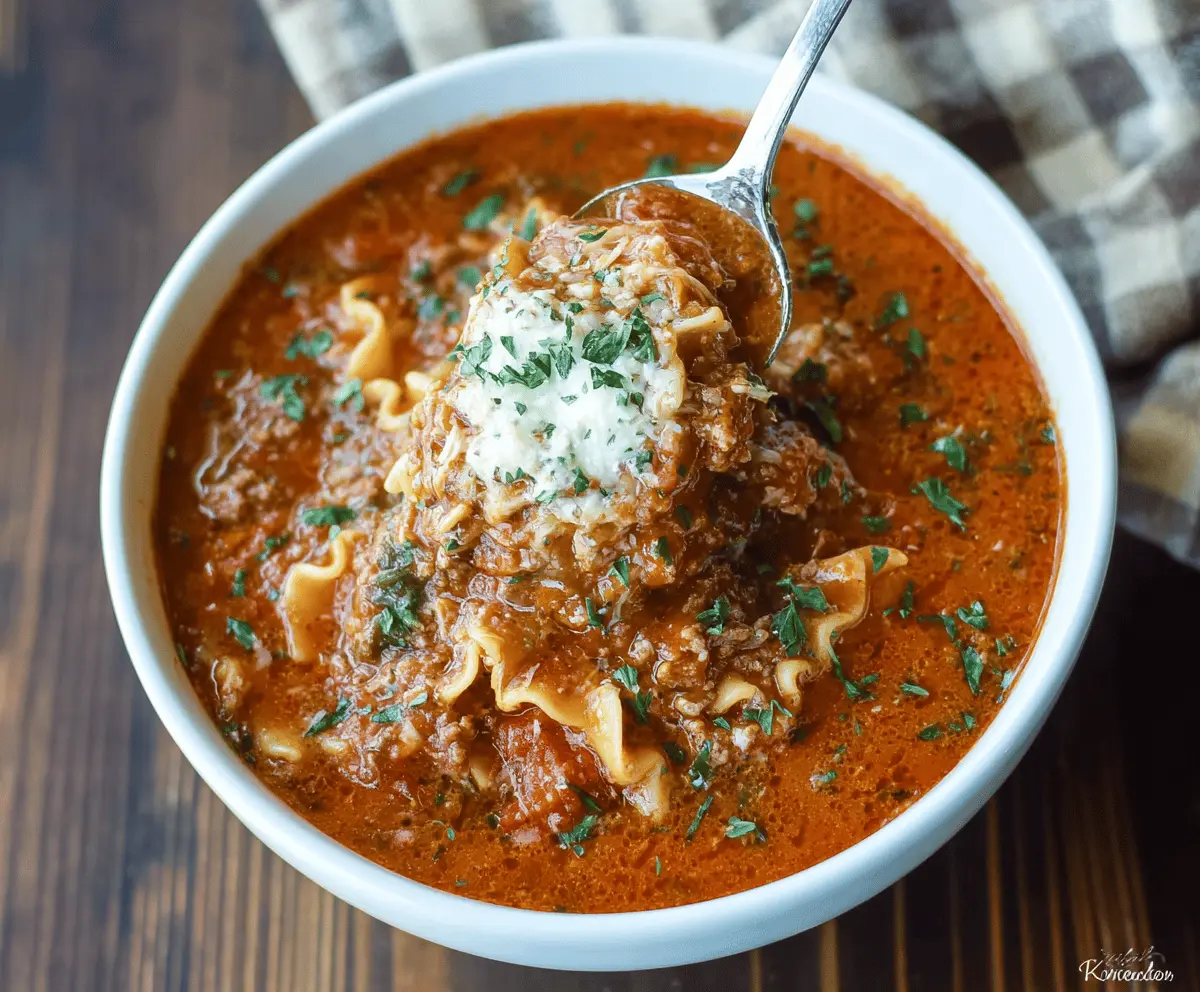 Delicious crockpot gluten-free lasagna soup with layers of melted cheese, fresh herbs, and flavorful tomato broth in a cozy bowl
