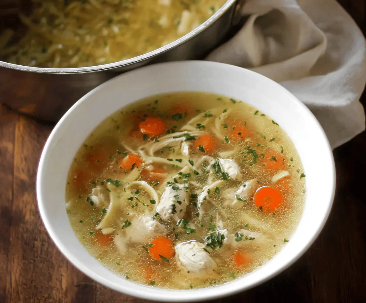 A bowl of steaming gluten-free chicken noodle soup with tender chicken, colorful vegetables, and rice noodles, served in a white bowl on a rustic wooden table.