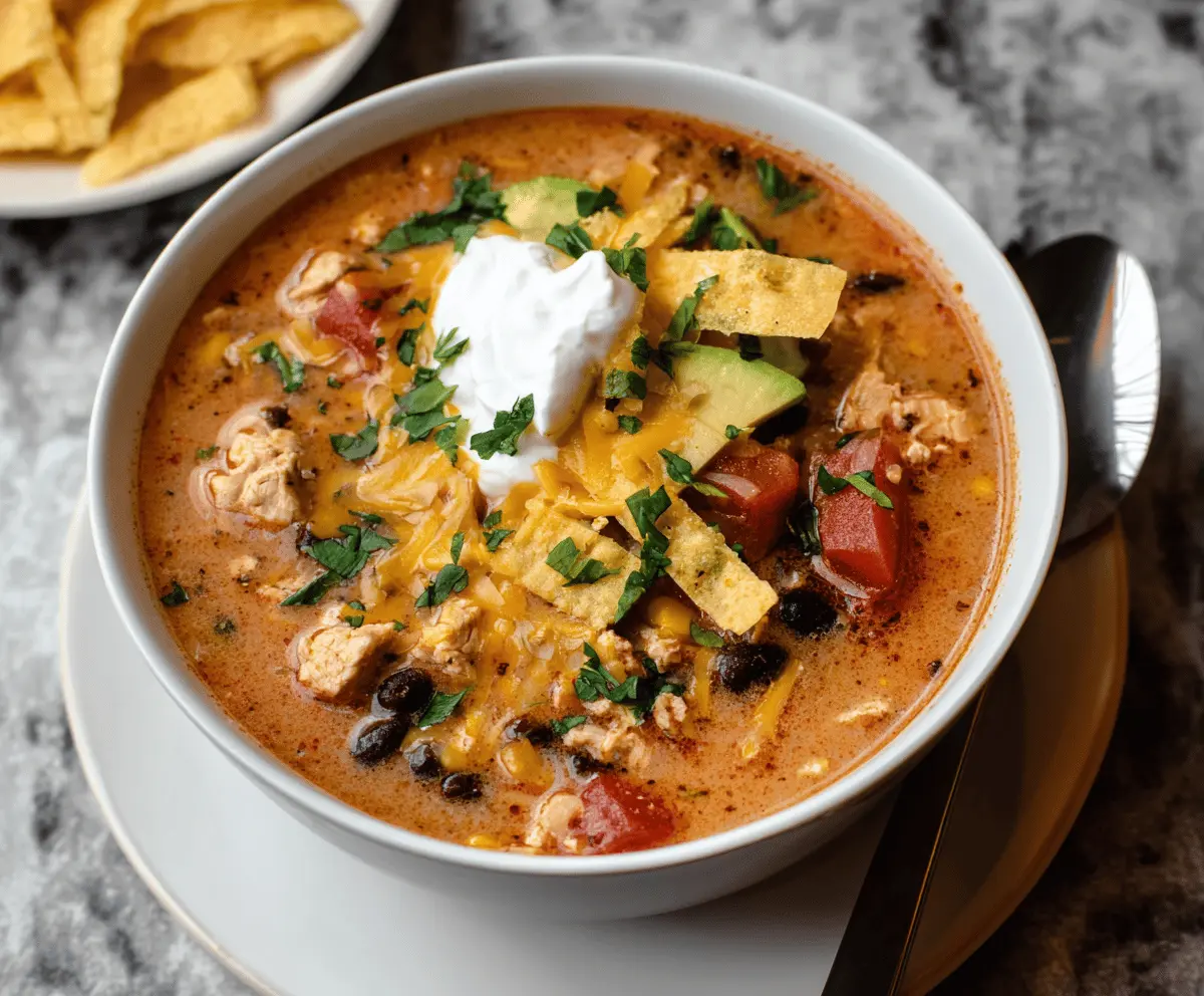 Hearty ground chicken taco soup in a bowl garnished with fresh cilantro and shredded cheese, served with tortilla chips