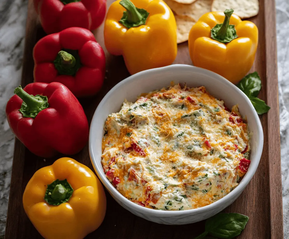 Colorful Loaded Bell Pepper Dip served in a vibrant bowl with fresh vegetables and crispy chips, perfect for sharing at parties