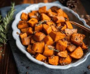 Sweet roasted sweet potatoes glazed with maple syrup, garnished with fresh herbs for a delicious, healthy side dish.