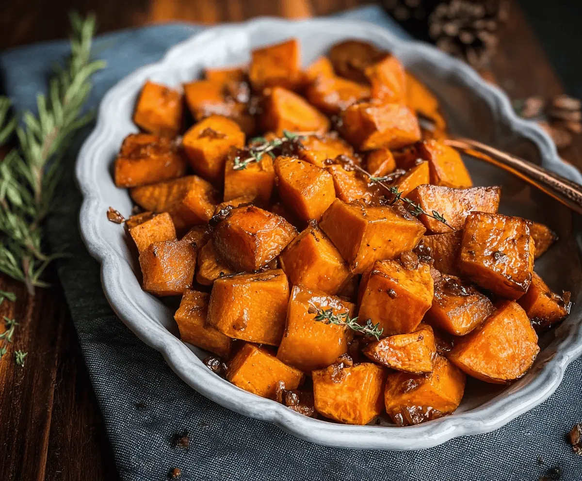 Sweet roasted sweet potatoes glazed with maple syrup, garnished with fresh herbs for a delicious, healthy side dish.