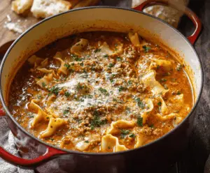 Creamy and flavorful one-pot cheesy lasagna soup in a bowl, topped with melted cheese and fresh herbs