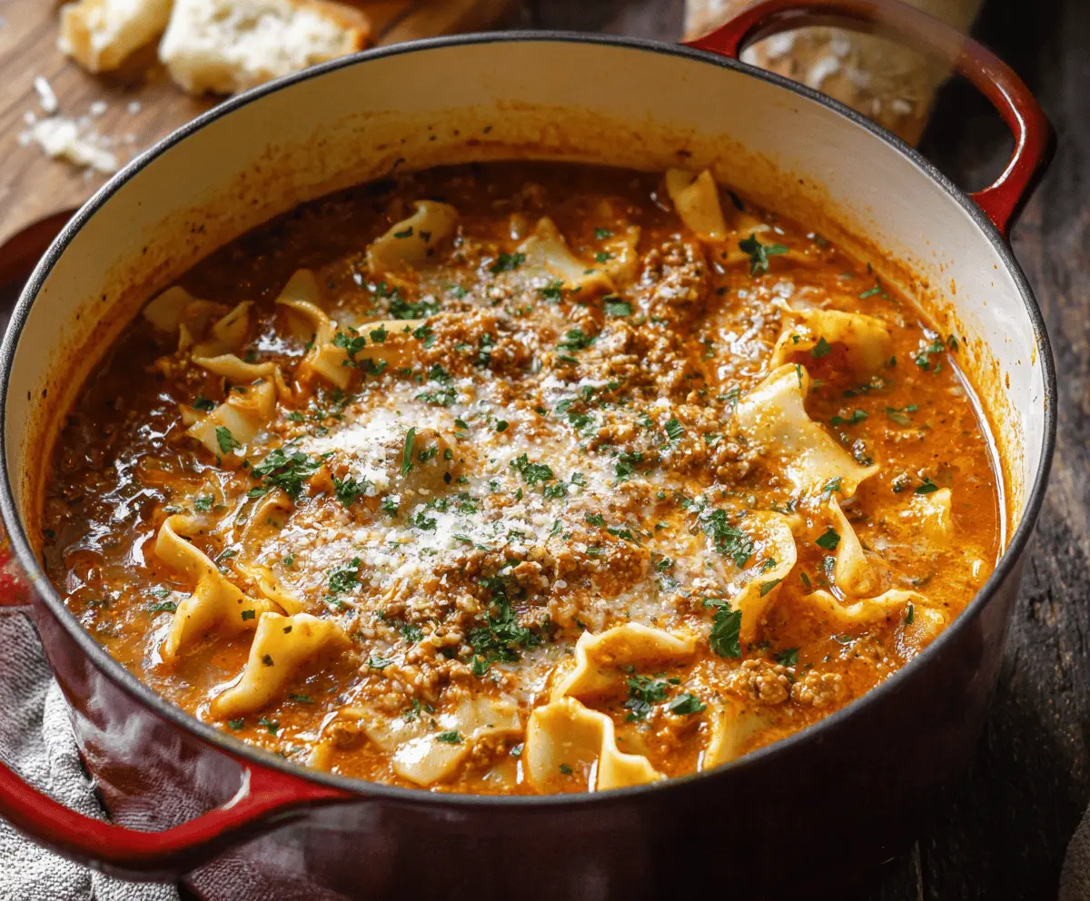 Creamy and flavorful one-pot cheesy lasagna soup in a bowl, topped with melted cheese and fresh herbs