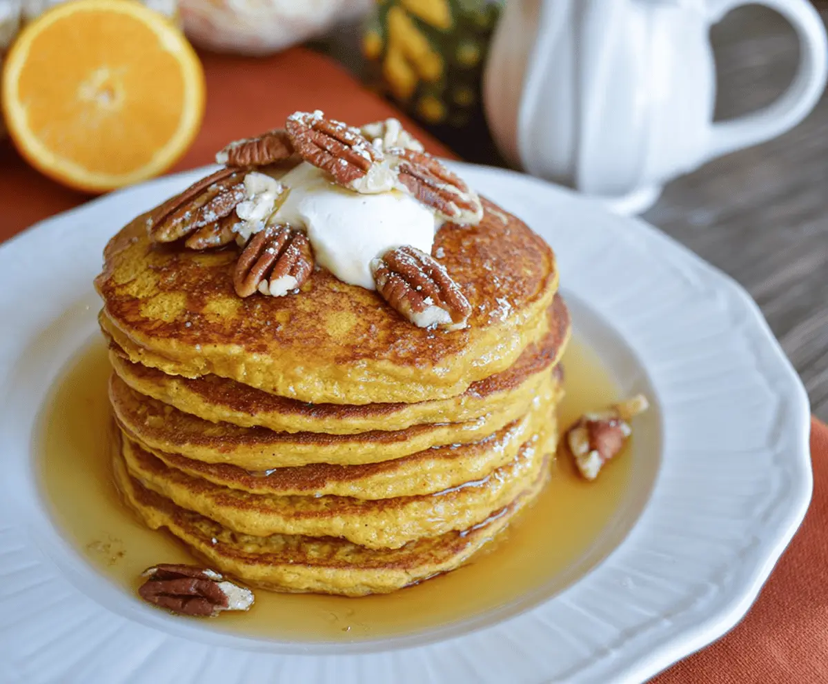 Delicious orange pumpkin pancakes topped with syrup and fresh orange slices on a plate, perfect for a fall breakfast