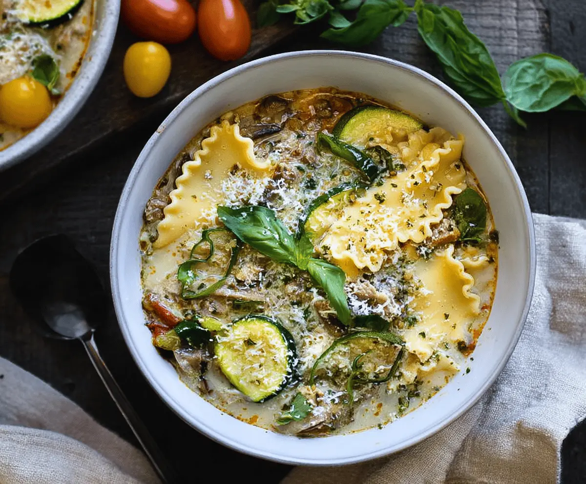 Creamy pesto lasagna soup in a bowl topped with melted cheese, fresh basil, and a spoon ready to serve.