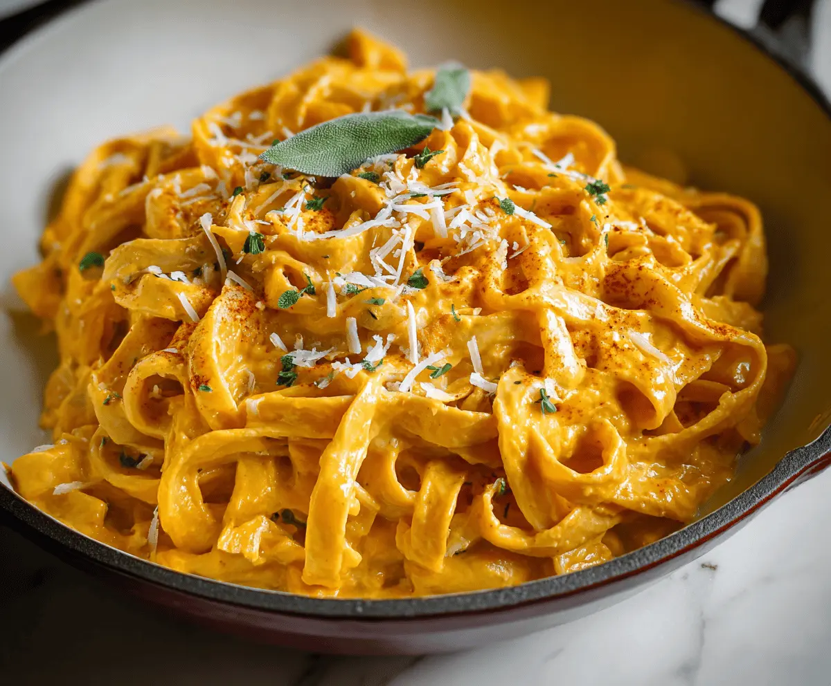 Creamy pumpkin Alfredo pasta garnished with fresh herbs and grated cheese on a white plate, perfect for fall-inspired dinners.
