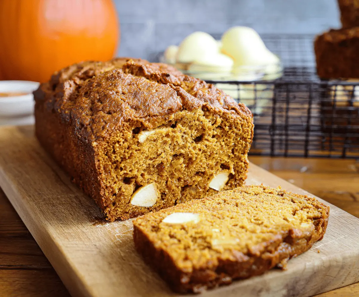 Homemade pumpkin apple bread topped with cinnamon and nuts on a rustic wooden table