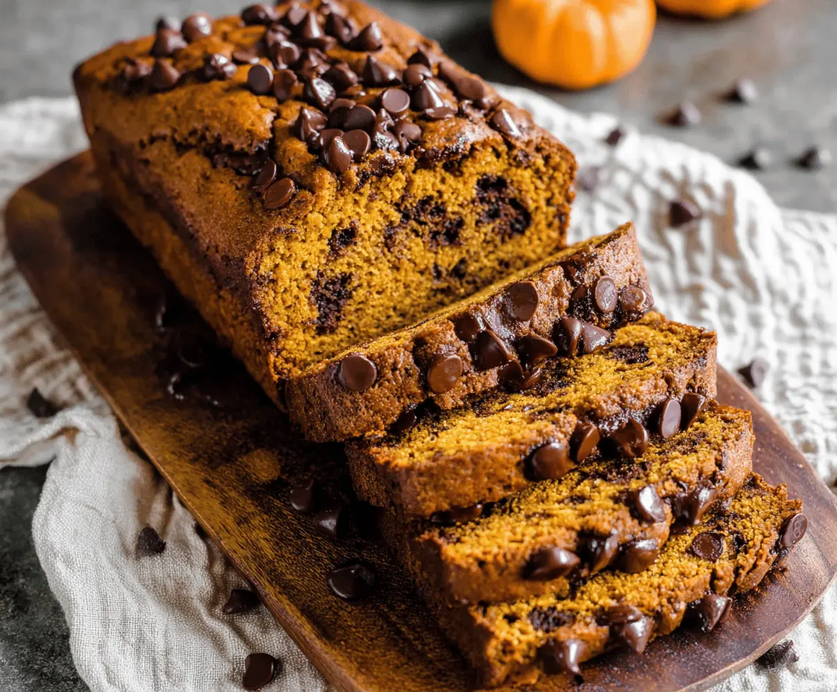 Delicious homemade pumpkin chocolate chip bread with a golden crust, featuring moist pumpkin batter studded with melty chocolate chips, perfect for fall baking.