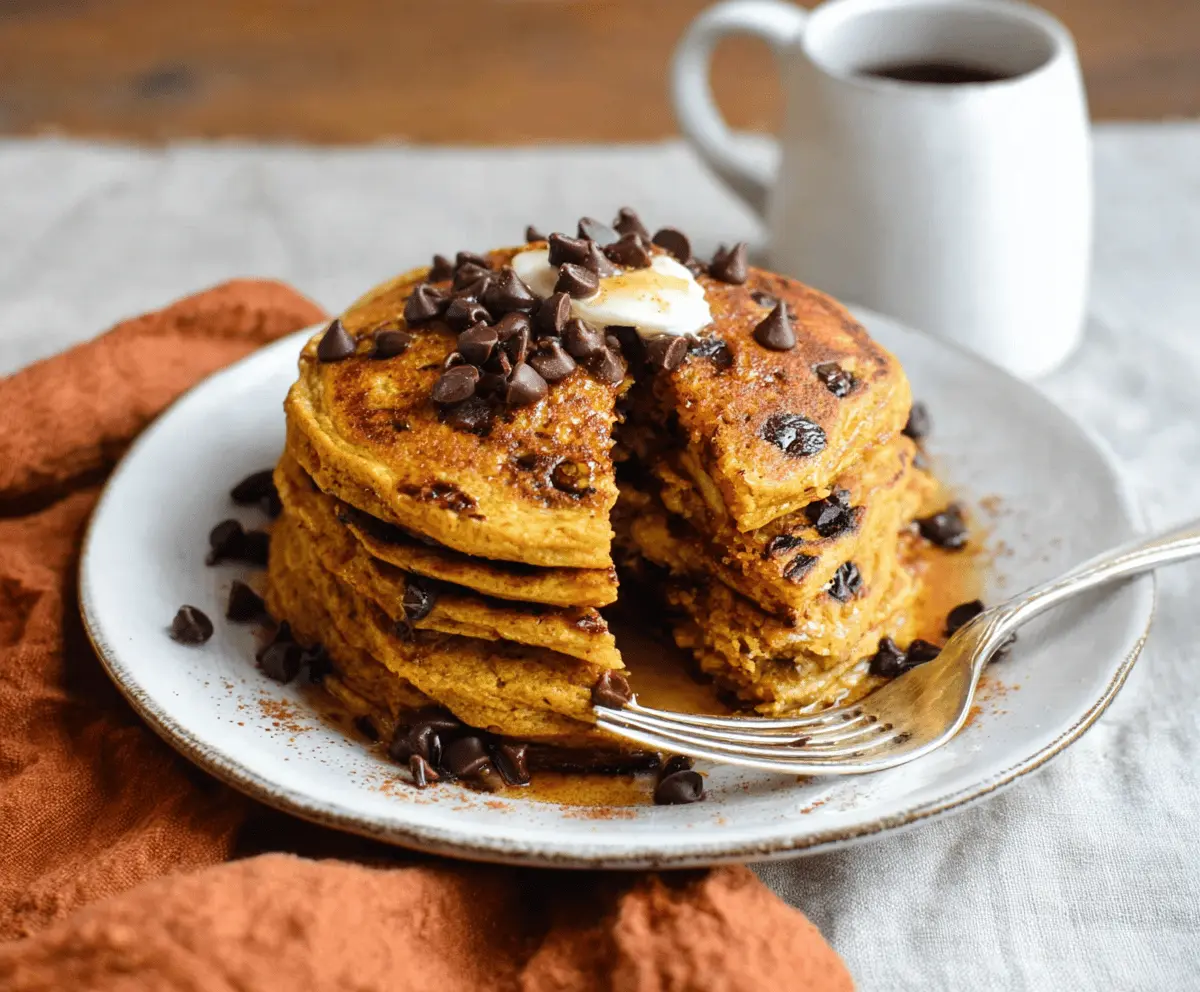 Delicious pumpkin chocolate chip pancakes topped with whipped cream and sprinkles, perfect for a cozy breakfast