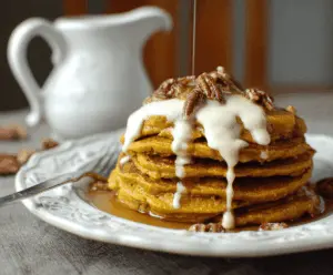 Fluffy pumpkin cream cheese pancakes topped with whipped cream and cinnamon, served on a plate for a delicious fall breakfast