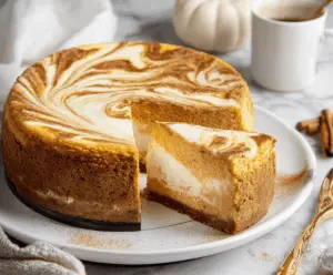 Creamy pumpkin swirl cheesecake topped with whipped cream and a cinnamon graham cracker crust, perfect for fall desserts.