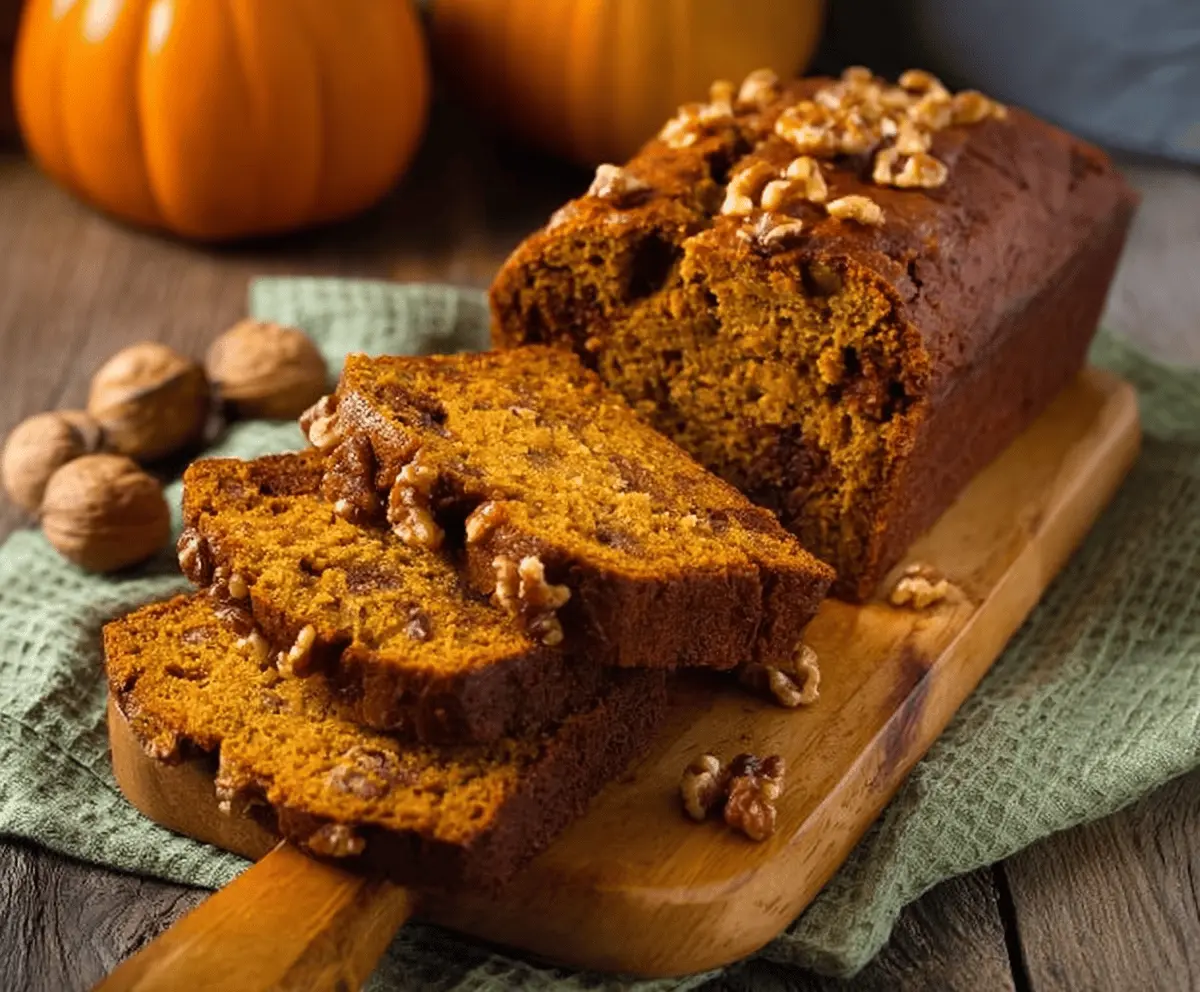 Homemade pumpkin walnut bread sliced and ready to serve, featuring a moist texture with walnuts and pumpkin spice flavors