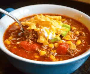 Delicious bowl of Rotel Taco Soup garnished with shredded cheese and fresh herbs, served in a white bowl on a rustic wooden table