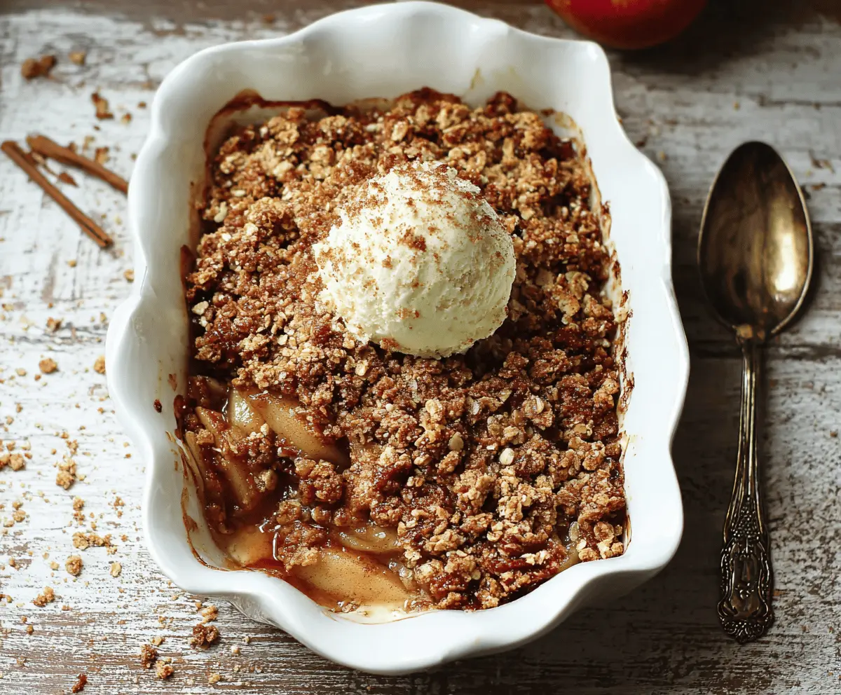 Delicious homemade vegan apple crisp topped with crispy oat topping and fresh apple slices on a rustic plate